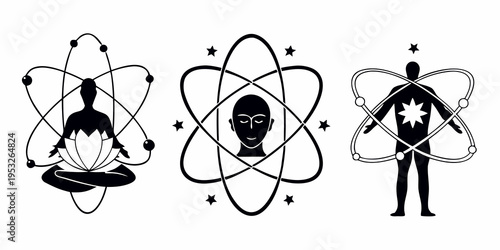 Abstract illustration of three figures within atomic orbital structures