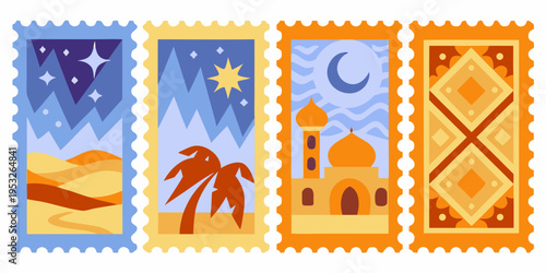 Four decorative postage stamps showcasing desert and nighttime scenes