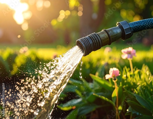 A garden hose watering pink flowers in a lush green garden