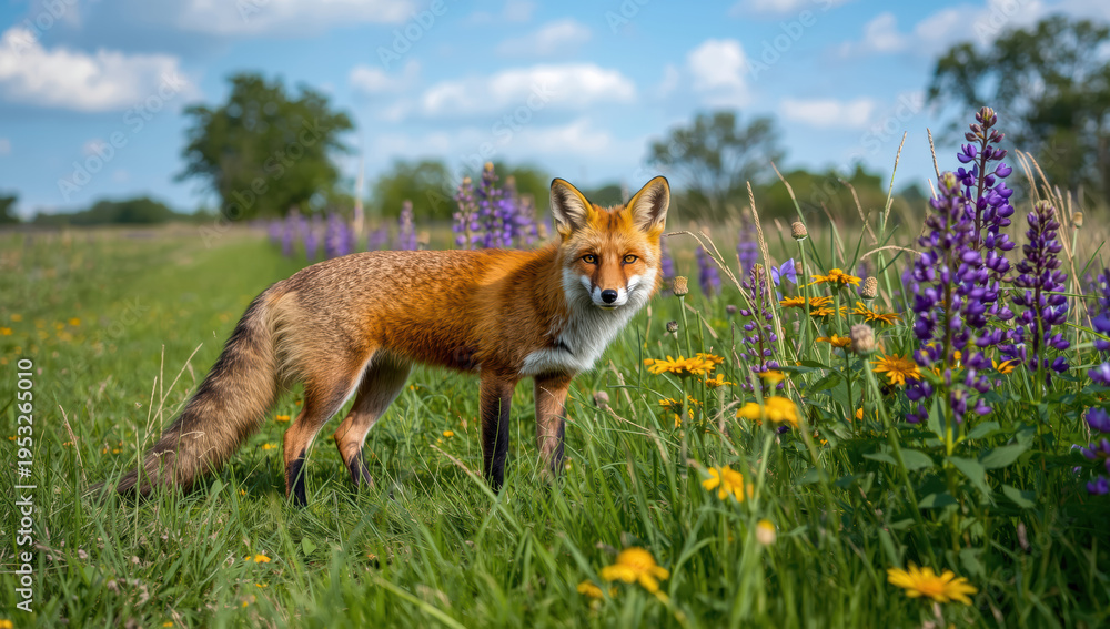 Obraz premium Red fox in wildflower meadow with lupine and daisies under blue sky