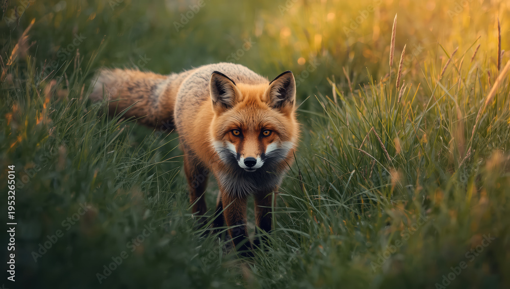 Obraz premium Red fox in golden grass at dusk with attentive gaze