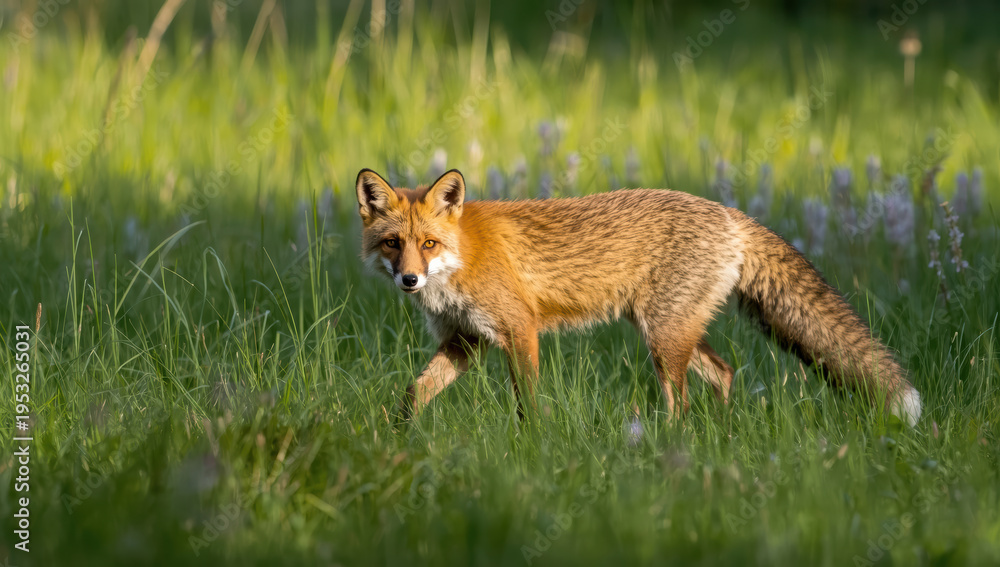 Obraz premium Red fox walking in sunlit meadow with green grass and wildflowers
