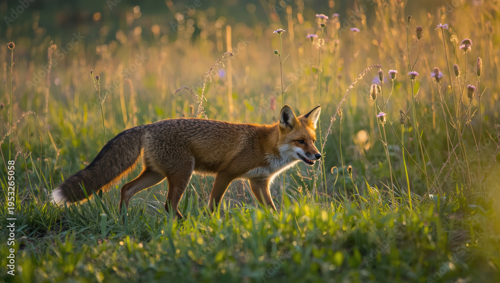 Obraz premium Red fox walking through wildflower meadow at golden hour with warm backlight