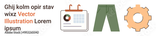 Business planning, fashion, technology, organization, productivity, calendar management. An image shows a calendar, pants and a gear with placeholder text. Business planning and organization