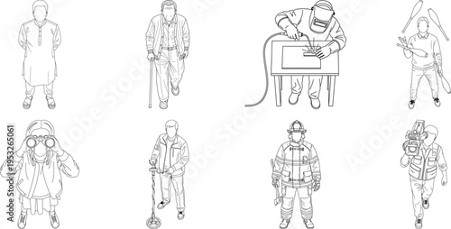 Collection of eight medieval illustrations isolated on transparent background