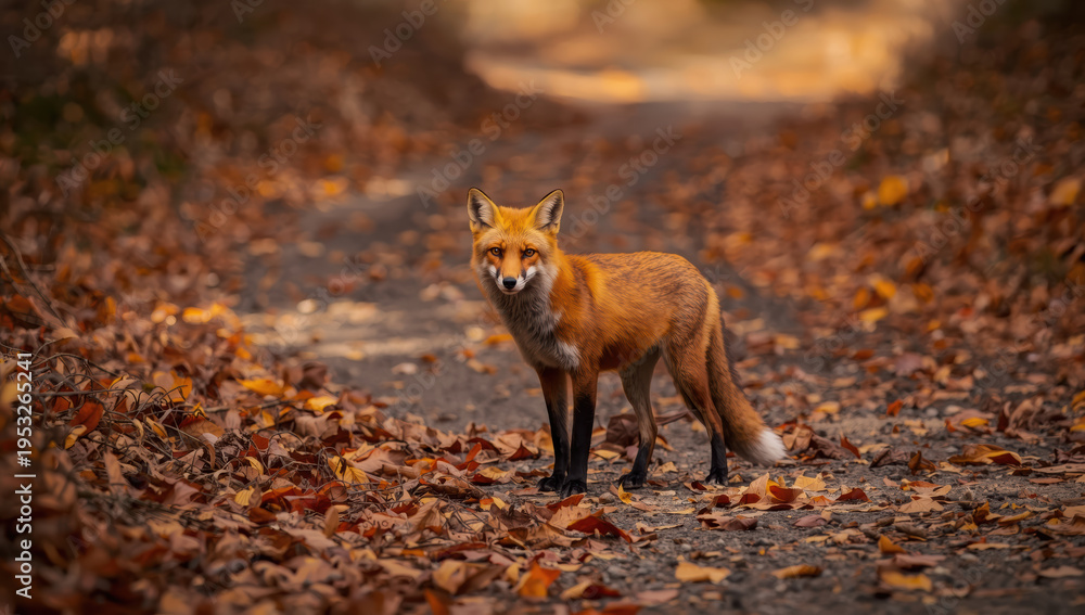 Naklejka premium Vibrant red fox standing on leaf strewn woodland path in autumn