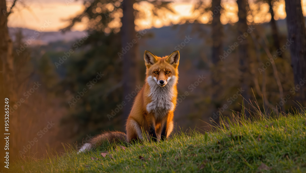 Naklejka premium Red fox sitting on grassy hill at golden sunset, alert expression and warm light