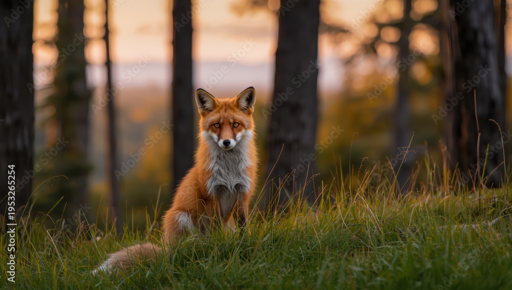 Obraz premium Red fox sitting on grassy hill at sunset with forest background, alert and serene