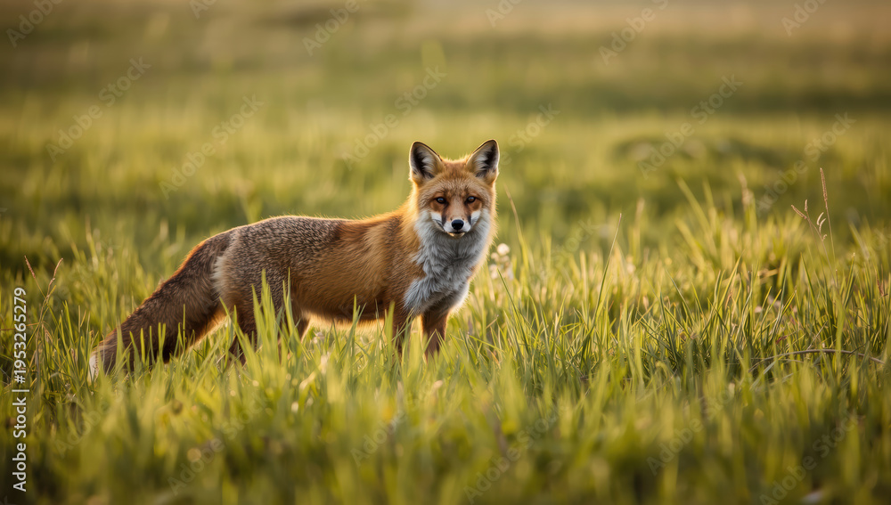 Obraz premium Vibrant red fox standing in green grass at golden hour with attentive expression