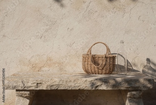 Sunlit rustic stone bench with woven basket against textured wall and soft branch shadows, minimalist outdoor scene with natural materials, warm neutral tones and elegant copy space