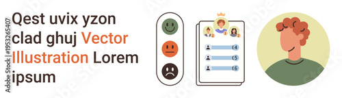 User feedback, customer satisfaction, performance ranking, gamification, UX research, human-centered design. Emoticons, leaderboard profile image. Feedback and customer satisfaction concept