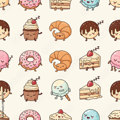 Pattern of cute cartoon desserts with sleeping expressions on a light beige background, featuring donuts, cakes, and pastries.