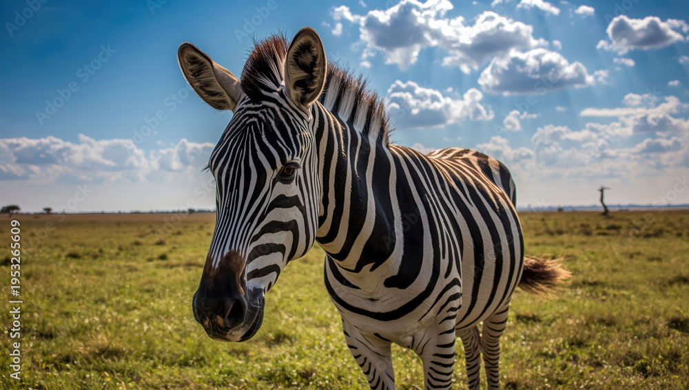 Naklejka premium Zebra standing in sunlit savanna with dramatic sky and grassy plain, calm natural scene