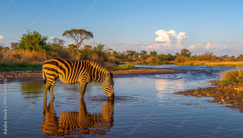 Obraz premium Zebra drinking at riverbank in golden light with savanna trees and reflections