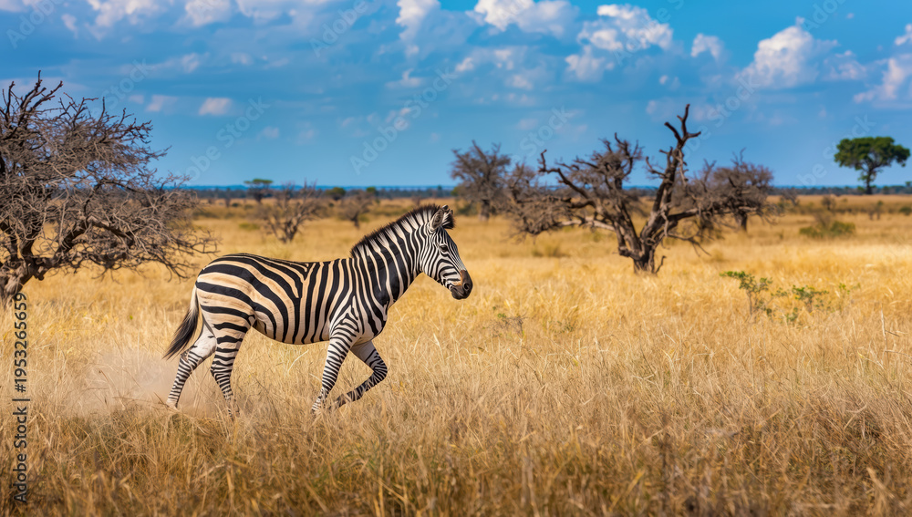Obraz premium Zebra walking through sunlit golden savanna with scattered trees and blue sky