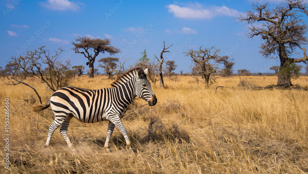 Obraz premium Zebra walking in dry savanna with acacia trees and blue sky