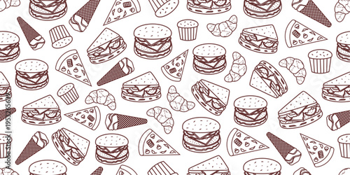 Fast foods doodle pattern. Seamless fast foods pattern in doodle style. Seamless pattern of fast foods doodle background. 