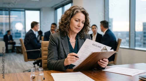 A woman in a suit reading a resume in a conference room.
