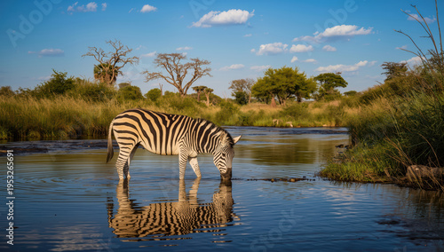 Zebra drinking water at river edge in savanna landscape with reflection