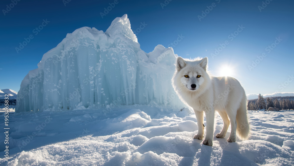 Naklejka premium Arctic fox standing on snow near ice formation at sunrise, serene cold landscape