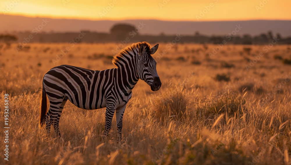 Fototapeta premium Zebra standing in golden savanna at sunset, calm warm light and tall grass
