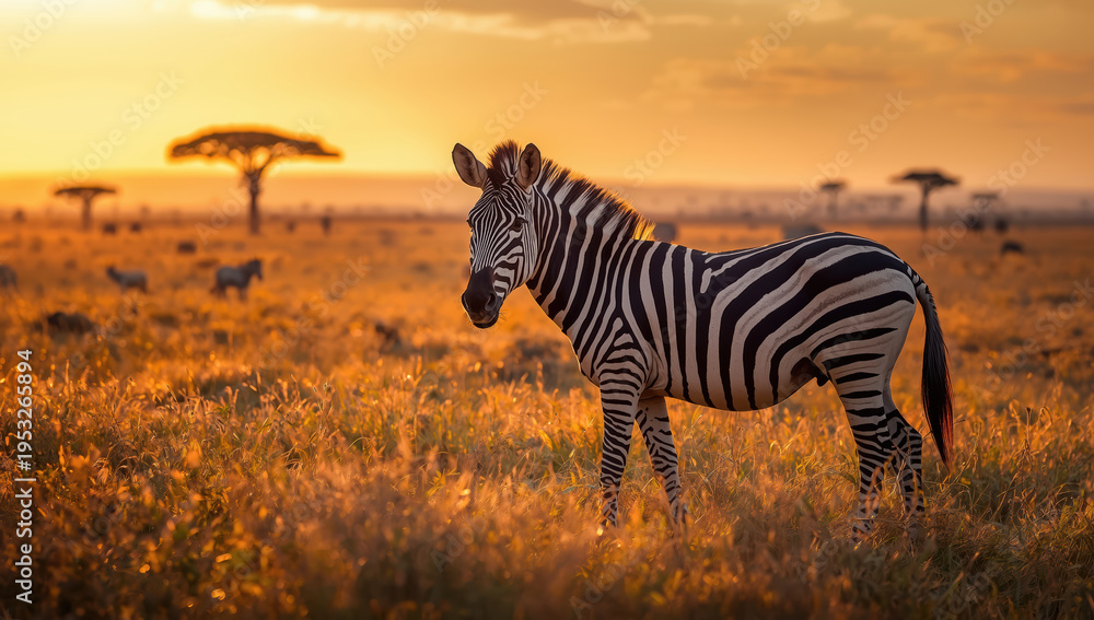 Fototapeta premium Zebra standing in golden savanna at sunset with acacia trees and distant animals