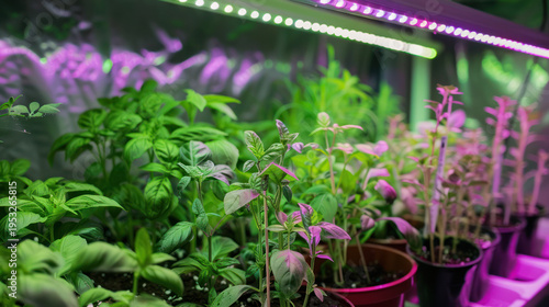 Potted plants growing under LED grow lights indoors