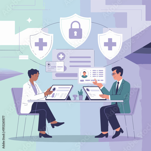 Medical professional and business person collaborate on patient health data and insurance plans, digital interface