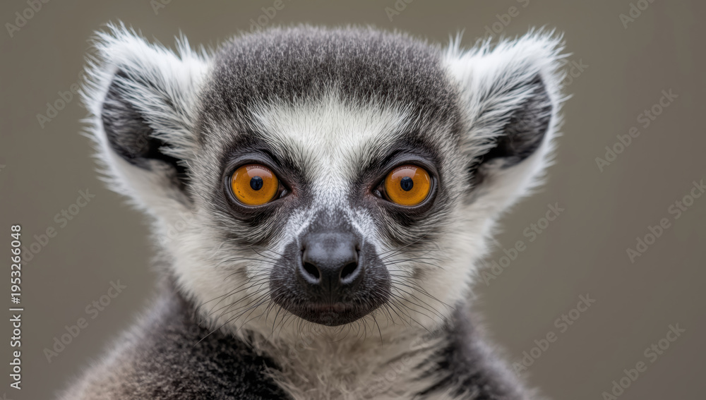 Fototapeta premium Ring tailed lemur close up portrait with vivid orange eyes and soft fur