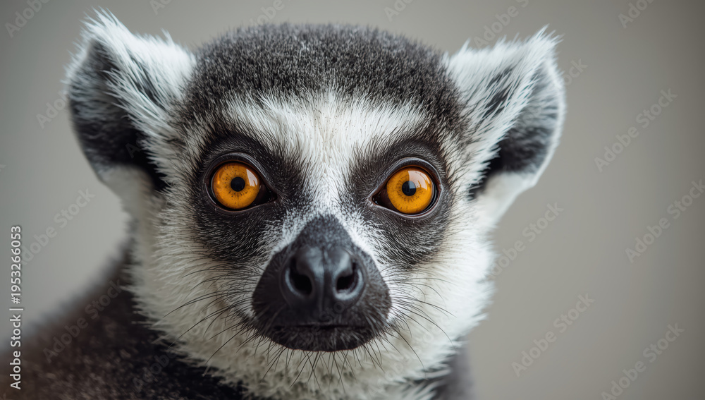 Fototapeta premium Ring tailed lemur close up portrait with vivid orange eyes and detailed fur