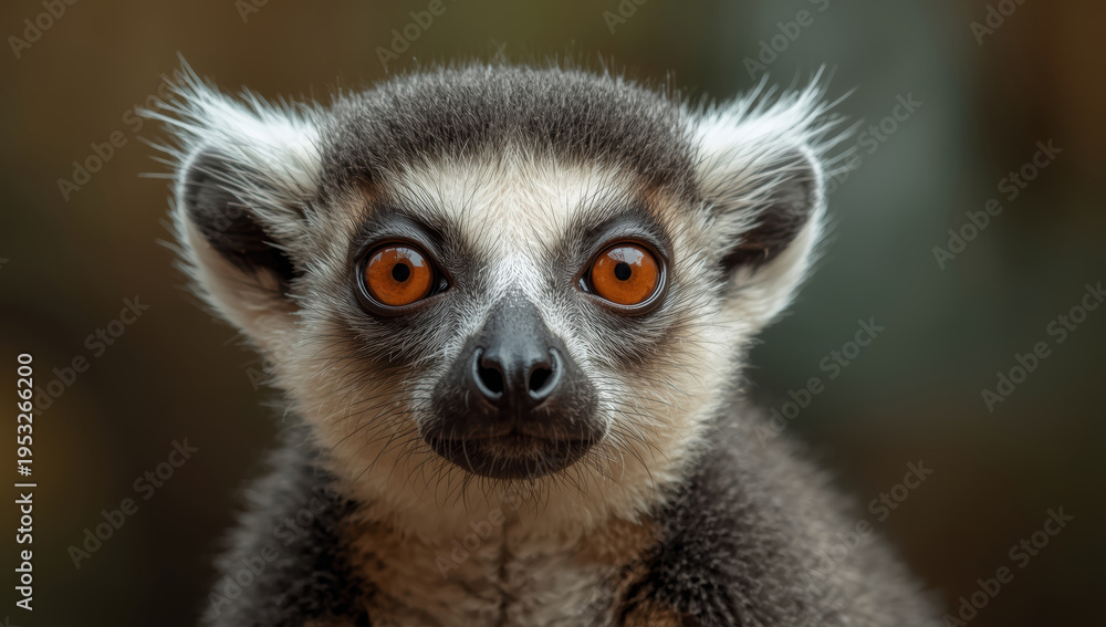 Naklejka premium Ring tailed lemur close up with bright orange eyes and soft fur expression serene