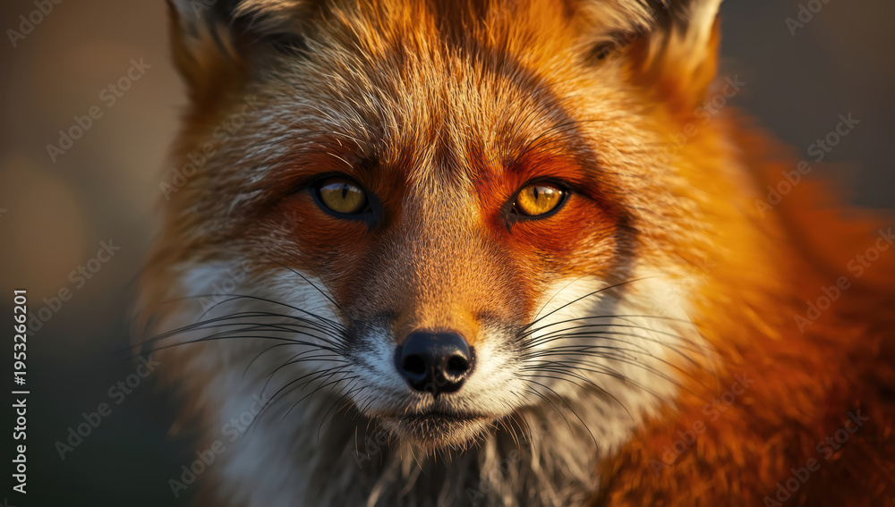Fototapeta premium Red fox close up portrait with golden eyes and warm fur glow