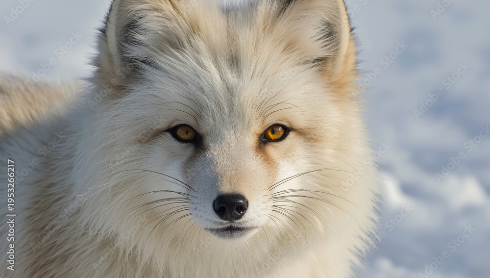 Naklejka premium Arctic fox portrait with golden eye gaze in snow