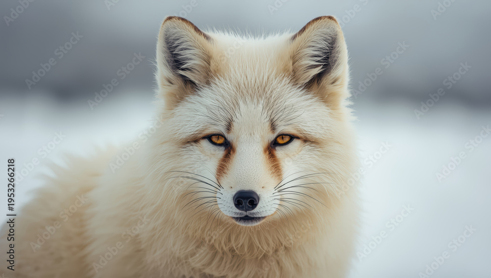 Fototapeta premium Arctic fox portrait with golden eyes in snowy landscape, calm and attentive expression