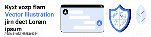 Online communication, cybersecurity, medical services, data protection, healthcare technology, user identity. Textbox chat interface, shield with medical symbols and leaf illustration. Online