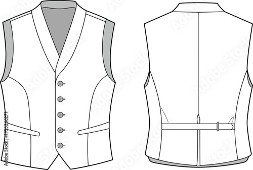 Flat vector line drawing waistcoat illustration, fashion garment design sketch tailored