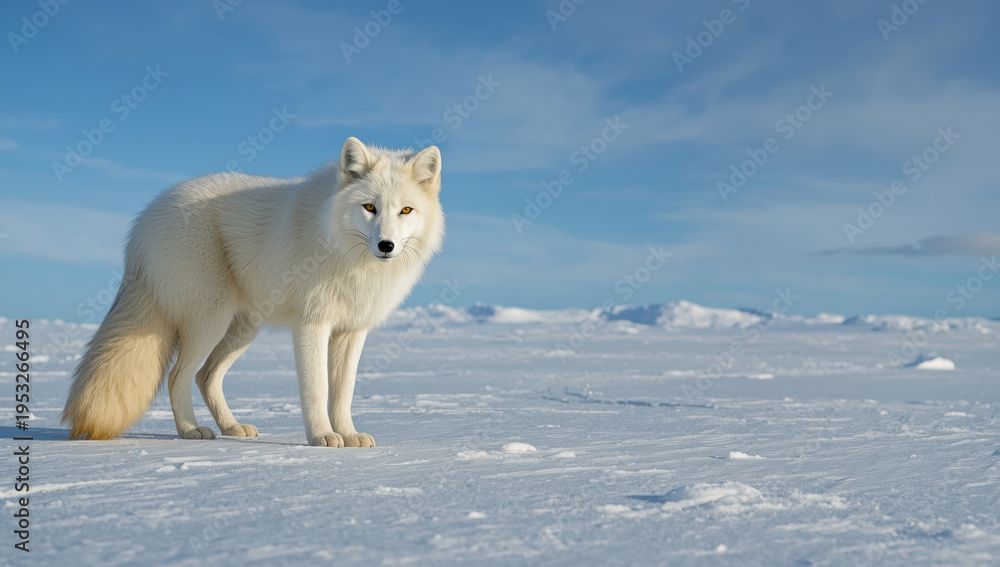Fototapeta premium Arctic fox white fur tundra snowy landscape serene alert standing in cold