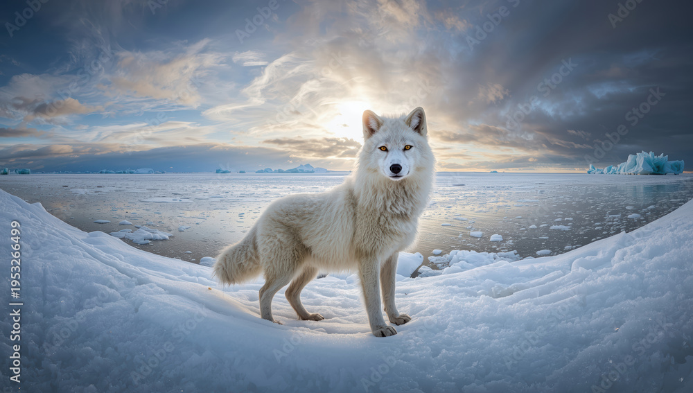 Naklejka premium Arctic fox standing on snowy shore at sunset with icy ocean and dramatic sky