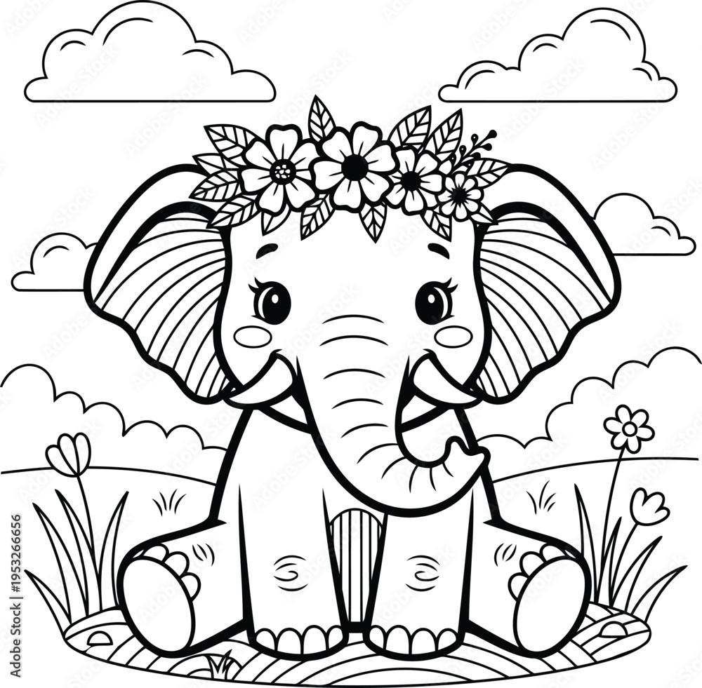 Obraz premium Adorable elephant wearing a floral crown in a peaceful meadow