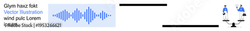 Equality, justice, communication, audio analysis, data visualization, decision-making. A blue sound wave graphic next to a balance scale with human figures. Equality and communication illustrated