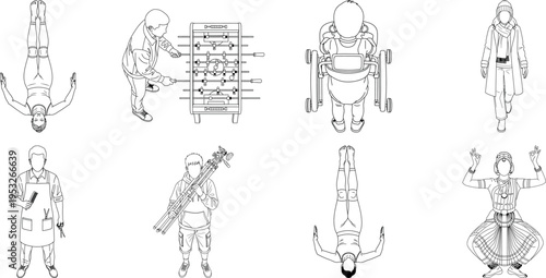 Eight illustrations of humanoid figures in various poses isolated on transparent background