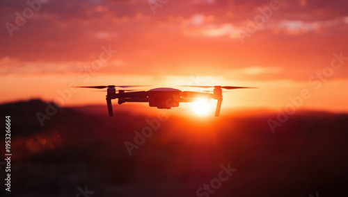 Sunset drone silhouette over landscape with warm orange sky