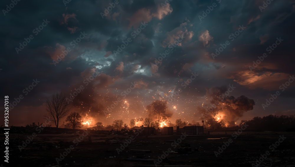 Obraz premium Dramatic night sky over burning landscape with glowing embers and scattered ruins