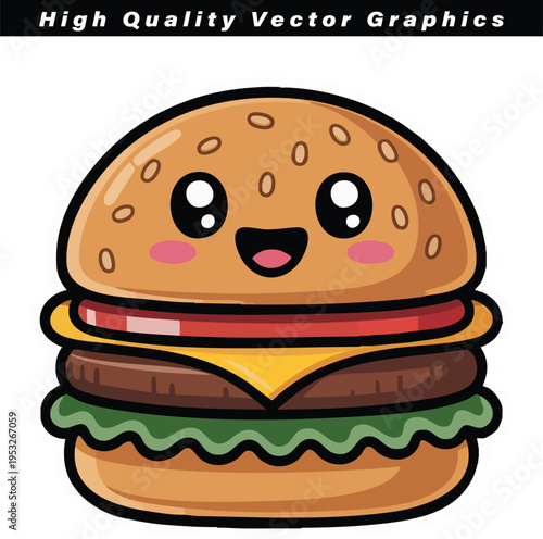 Cheeseburger mascot with a joyful kawaii expression, sesame seed bun, lettuce, cheese, and beef patty smiling broadly for fast food promotion.