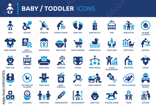 Baby icon set. Toddler icons collection. Containing newborn, nursery, childhood, infant and parenting icon vector illustration.