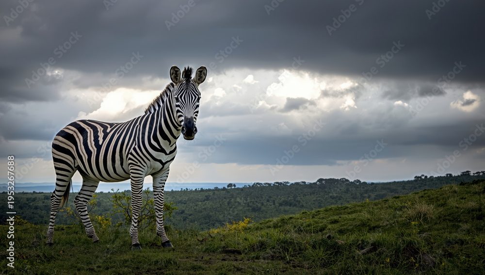 Fototapeta premium Zebra standing on grassy hill under dramatic cloudy sky with distant savannah horizon
