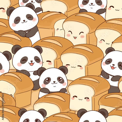 A digital illustration of cartoon pandas peeking out from behind slices of bread with smiling faces and rosy cheeks in a playful pattern.