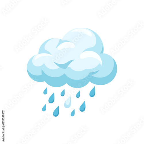 Brightly illustrated cartoon-style cloud with blue raindrops falling, depicting a weather forecast element or a charming symbol for precipitation and wet conditions