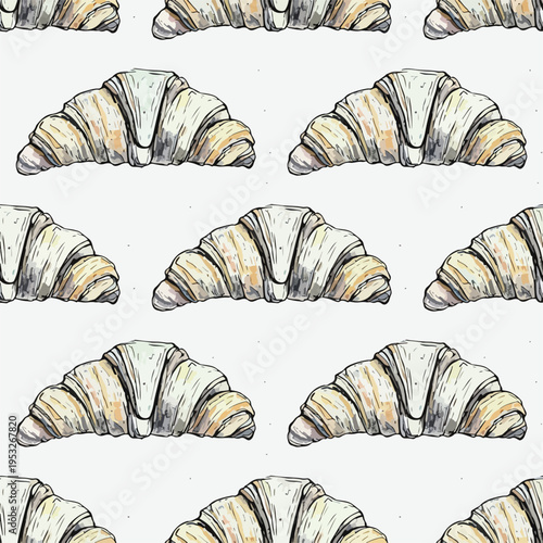 Seamless pattern of hand-drawn croissants with golden accents on a white background in a repeating arrangement.