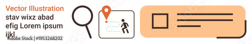 Location tracking, navigation, data analysis, user interface, digital mapping, technology concept. Magnifying glass, map pin and user icon on an orange background. Location tracking and navigation